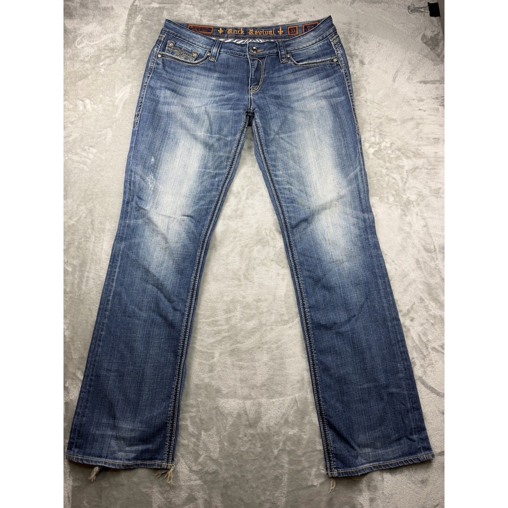 Rock Revival Sora Boot Jeans Womens Sz 33 Blue Rhinestone Flap Pocket Distressed